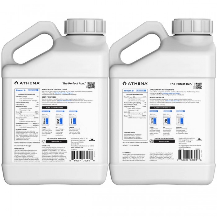 Abono de floración Bloom A+B de Athena, envase de 3,78L contraportada.