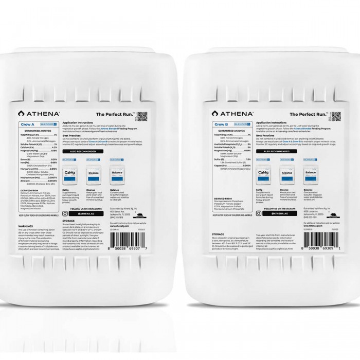 Fertilizante de crecimiento Grow A+B de Athena, envase de 18,92L contraportada.