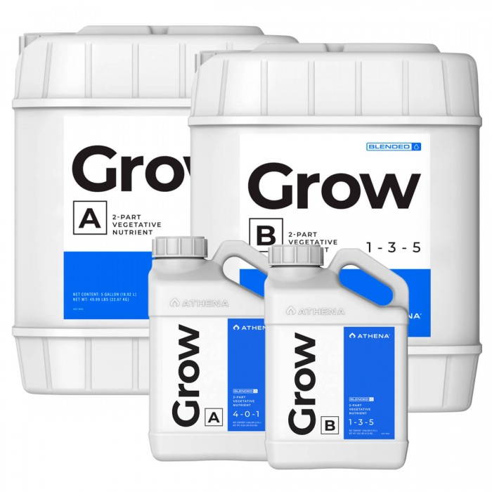 Fertilizante de crecimiento Grow A+B de Athena, diferentes formatos.