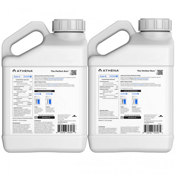 Fertilizante de crecimiento Grow A+B de Athena, envase de 3,78L contraportada.
