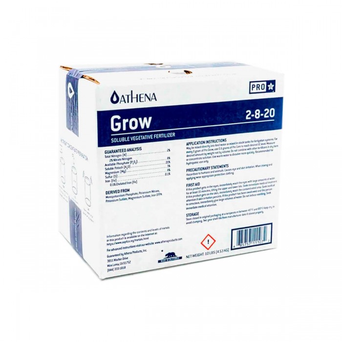 Fertilizante en polvo para crecimiento Grow Pro de Athena, envase de 4,53 kg.