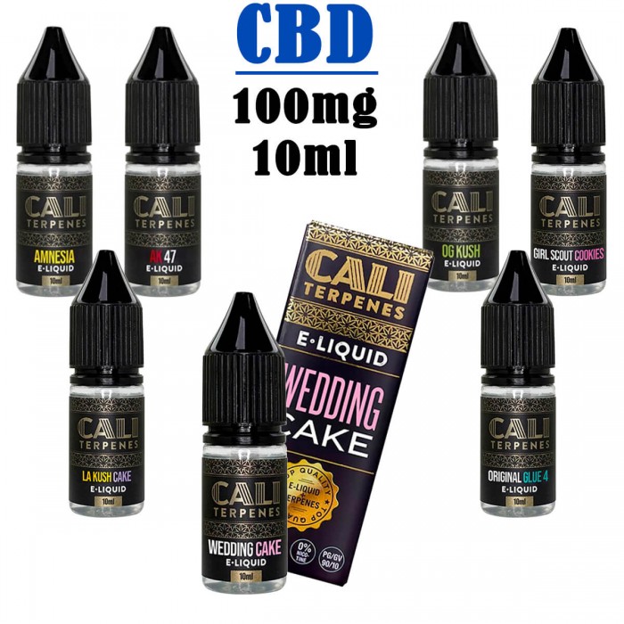 E-liquid CBD de Cali terpenes con 100mg y 10ml para vapeo, diferentes aromas.