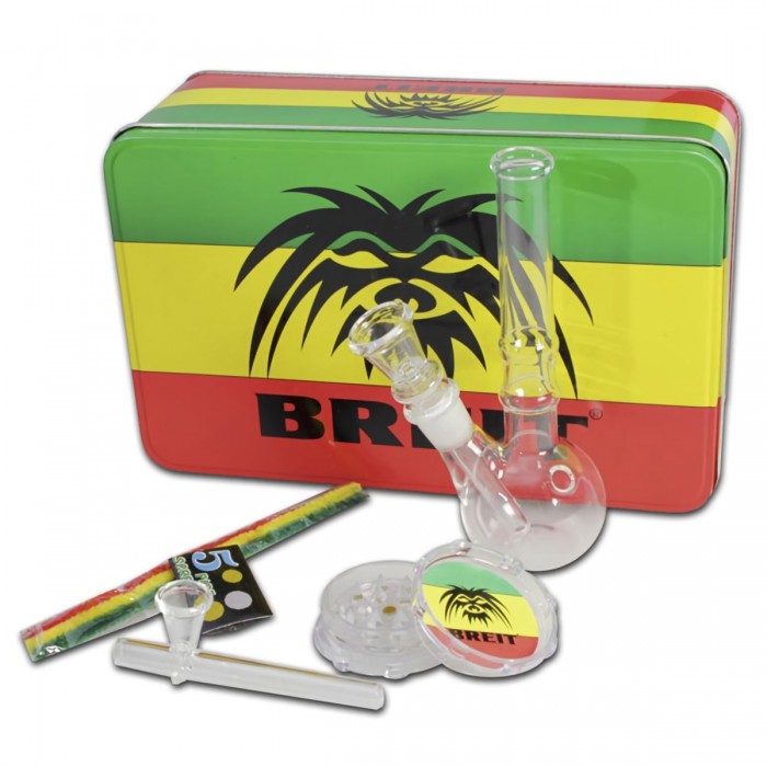 Kit fumeta con bong, pipa y grinder.