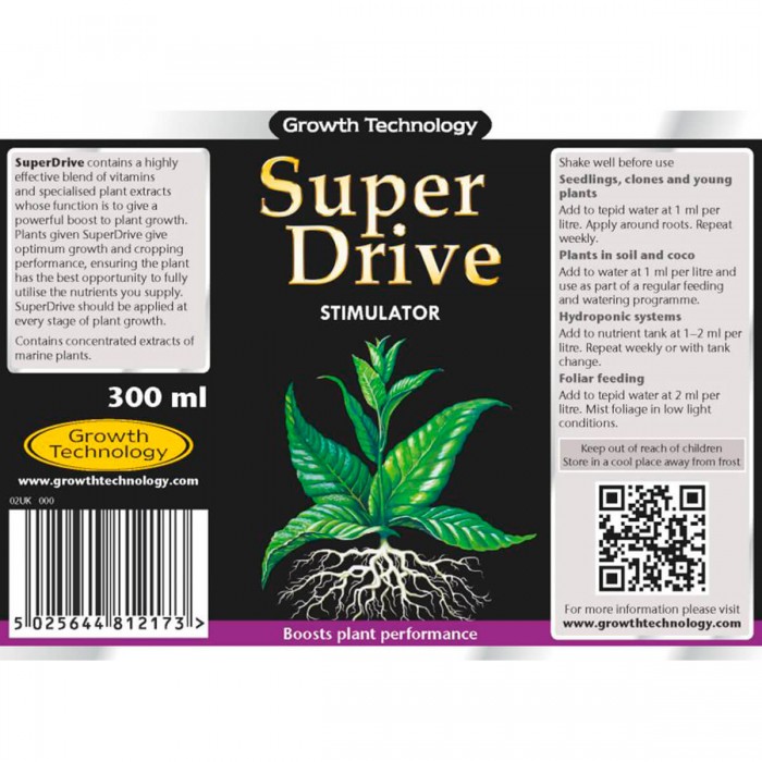 Estimulador de raíces Superdrive de Growth Technology, etiqueta.