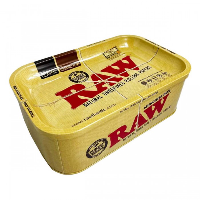 Caja con Bandeja RAW Munchies Box para guardar accesorios de fumador, abierta.