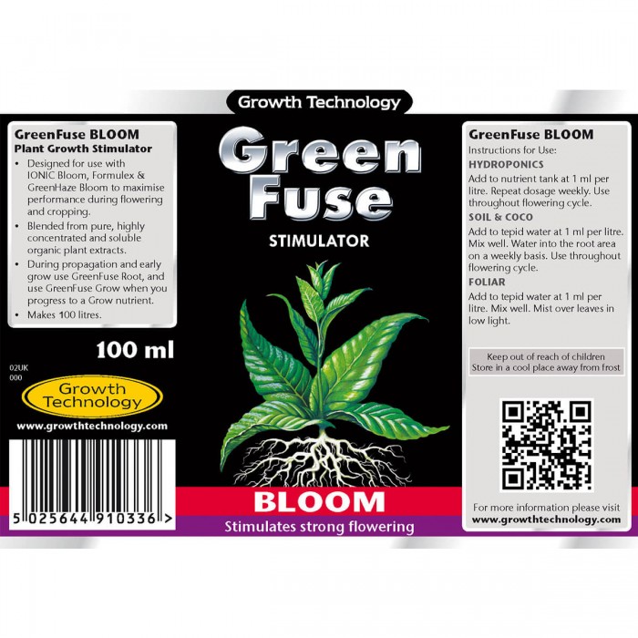 Estimulador de Floración GreenFuse Bloom de Growth Technology, etiqueta.