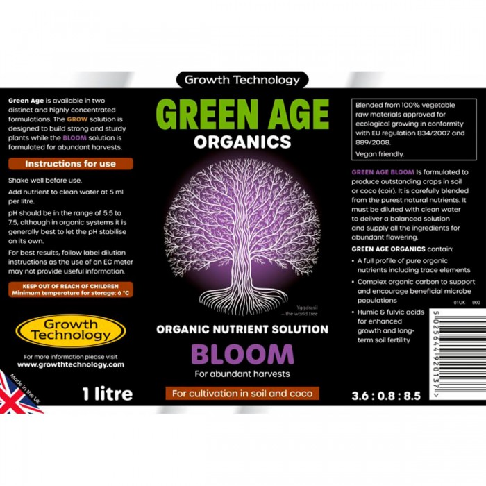 Fertilizante de floración Green Age Bloom de Growth Technology 1L etiqueta.
