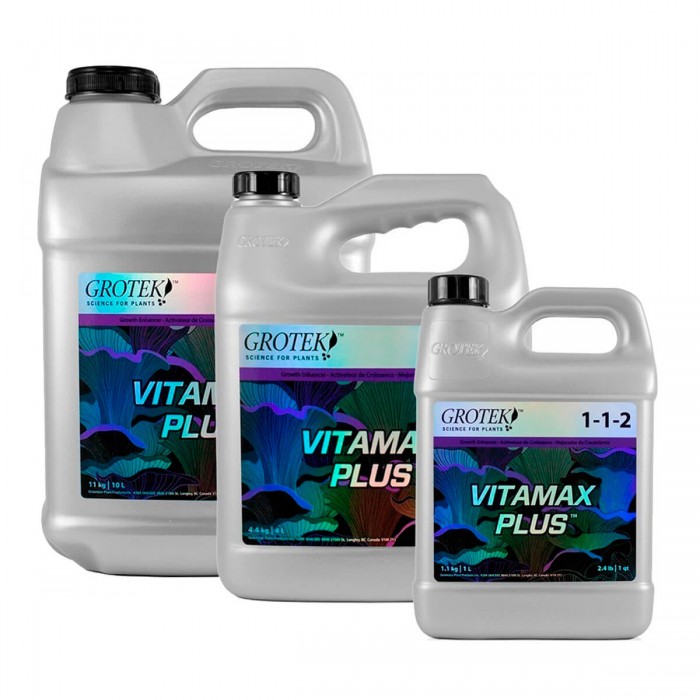 Aditivo Vitamax Plus de Grotek, diferentes formatos.