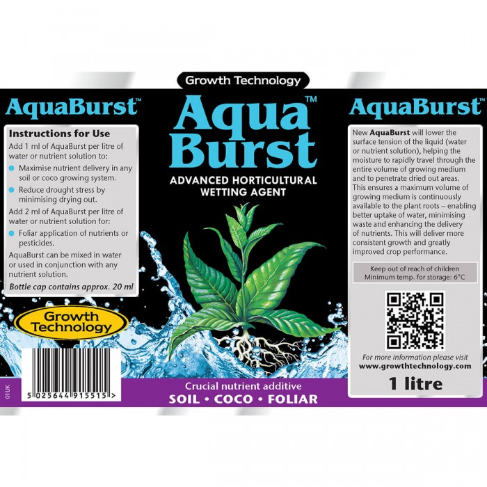 Aquaburst de Growth Technology, etiqueta.