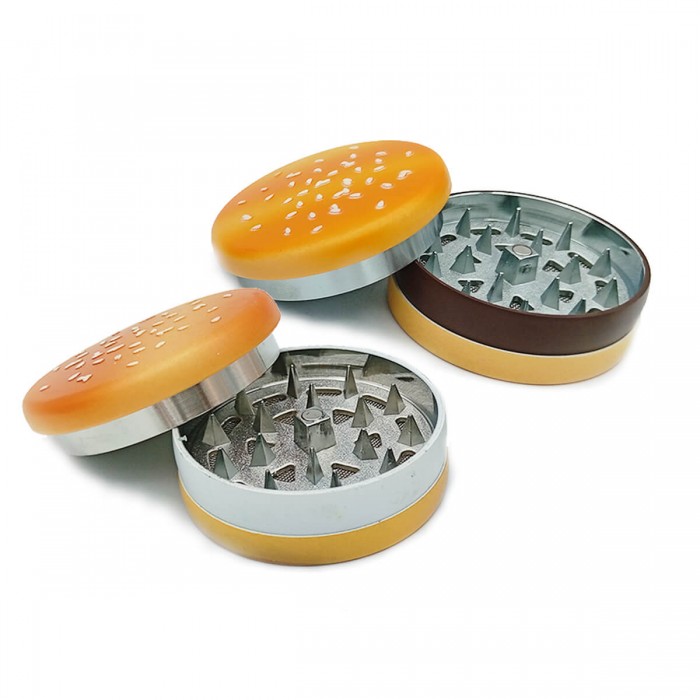 Grinder para marihuana con polinizador y diseño de hamburguesa. Modelos abiertos.