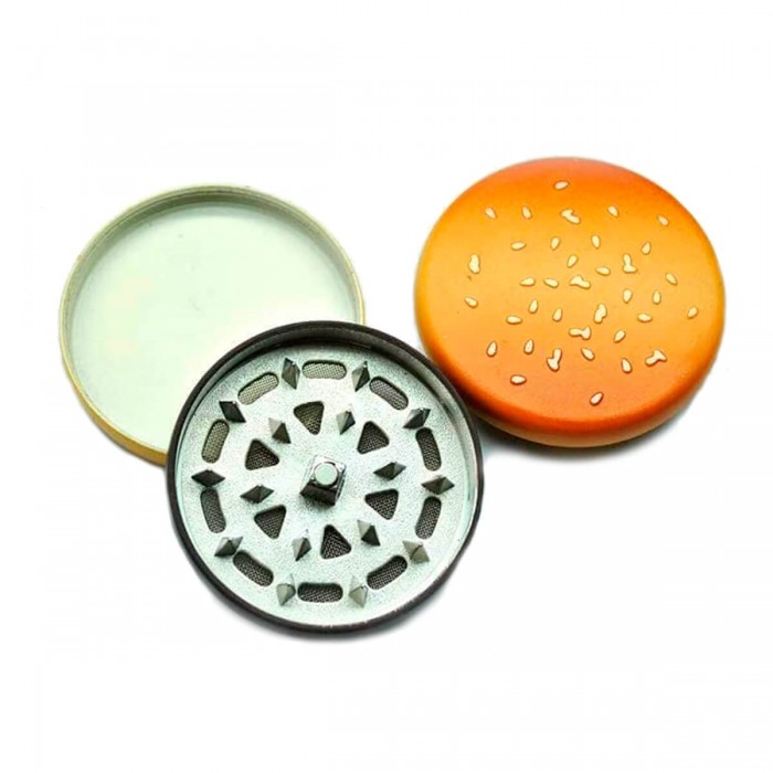 Grinder para marihuana con polinizador y diseño de hamburguesa. Abierto.