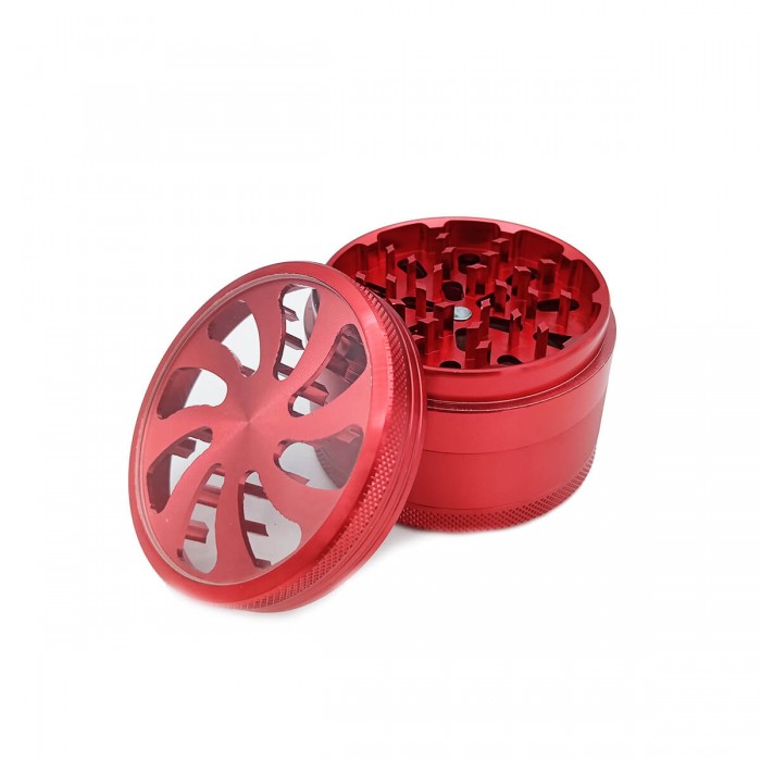 Grinder para marihuana de espiral con tapa transparente y polinizador. Abierto.