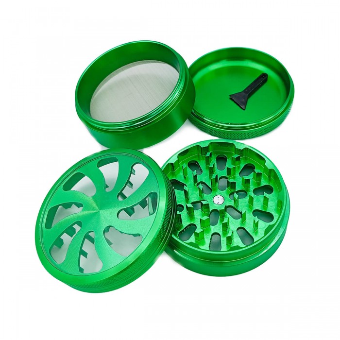 Grinder para marihuana de espiral con tapa transparente y polinizador. verde desmontado.