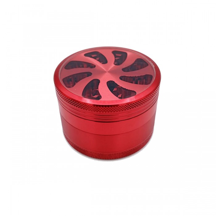 Grinder para marihuana de espiral con tapa transparente y polinizador. rojo cerrado.