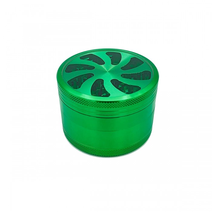 Grinder para marihuana de espiral con tapa transparente y polinizador. verde cerrado.