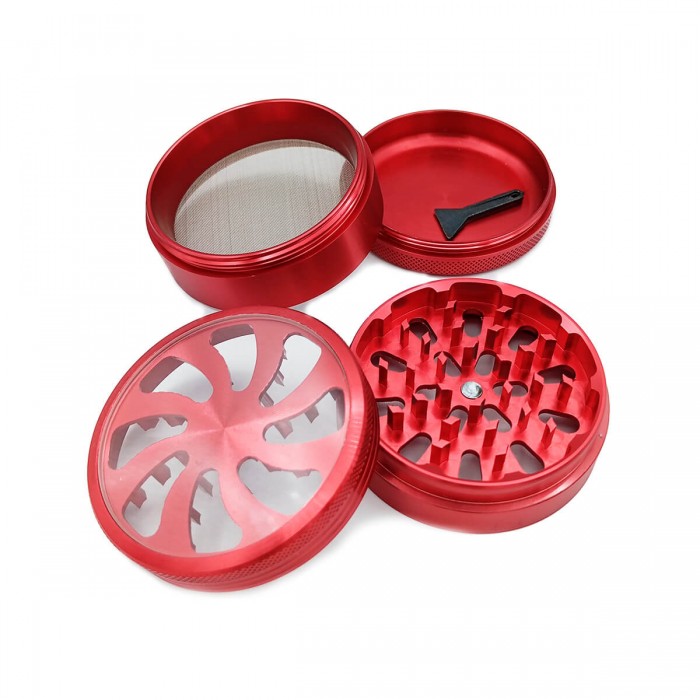 Grinder para marihuana de espiral con tapa transparente y polinizador. rojo desmontado.