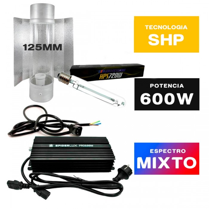 Kit iluminación 600W electrónico Spiderlux + Reflector Cool Tube 125mm + Bombilla MJ3 720w + Cables