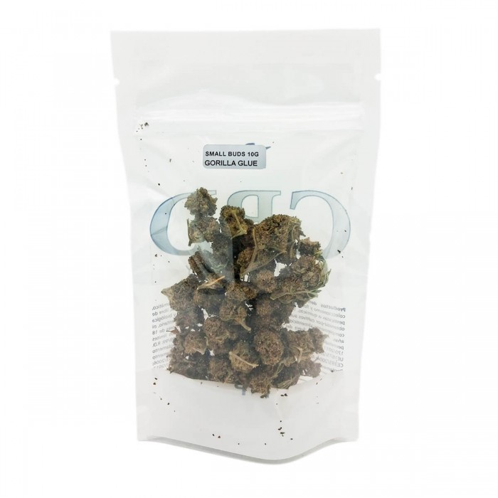 Cogollos CBD Small Buds Gorilla Glue de invernadero de la marca FP, envase de 10g.