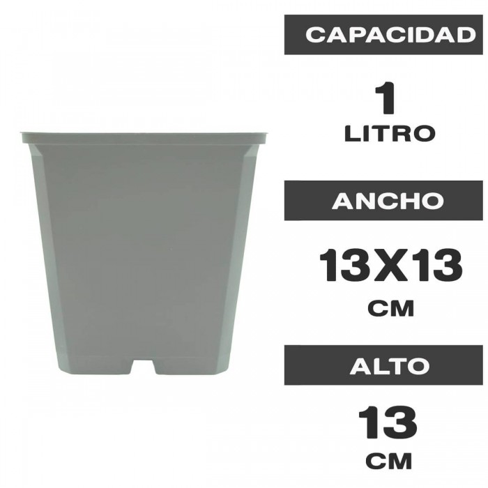 Características de las macetas cuadradas grises de 13x13x13 y 1 Litro de capacidad