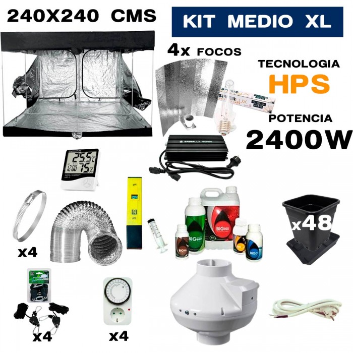 Armario de cultivo interior completo HPS 4x600W con armario Cultibox Open 240x240x200 cm Medio.