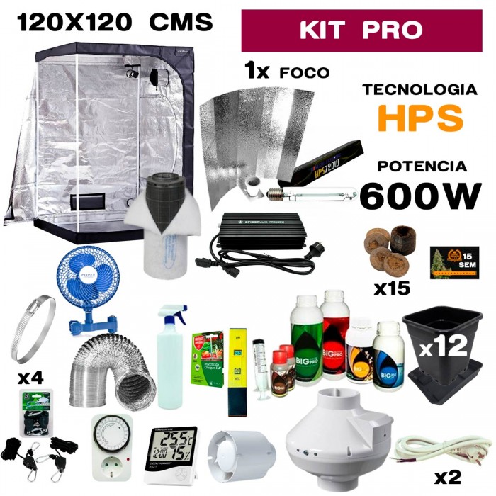Kit Armario de cultivo interior completo con hps 600w digital, armario de 120x120 cm y accesorios