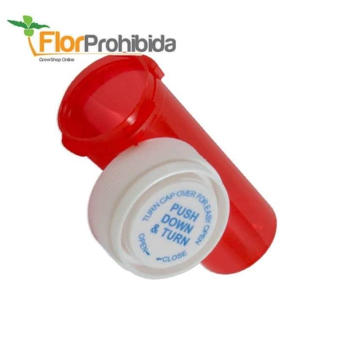 Bote Medical Pot Reverse Cap para guardar marihuana. 60 ml abierto..