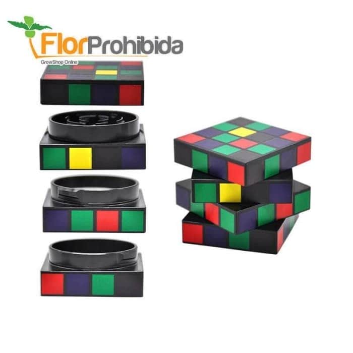 Grinder para marihuana con polinizador y forma de cubo de rubik.
