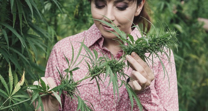 Chica oliendo de cerca una planta de marihuana